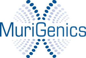Modern biotech logo design for MuriGenics featuring geometric scientific symbolism and Eurostyle Condensed typography.