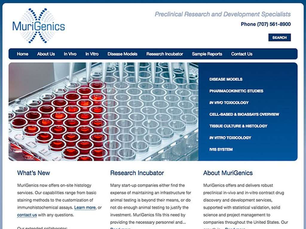 Responsive preclinical CRO website design for MuriGenics displayed on a laptop screen featuring modern life science branding.