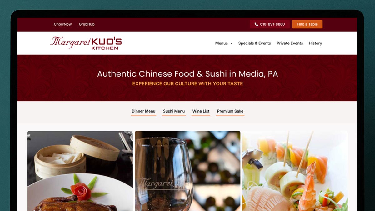 Custom WordPress website design example for a restaurant in Media, PA